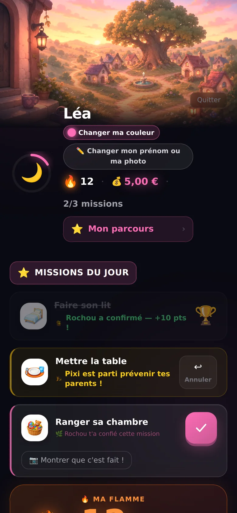 La vue Aventurier de Kaluno : le village du Royaume, sa flamme et ses missions du jour