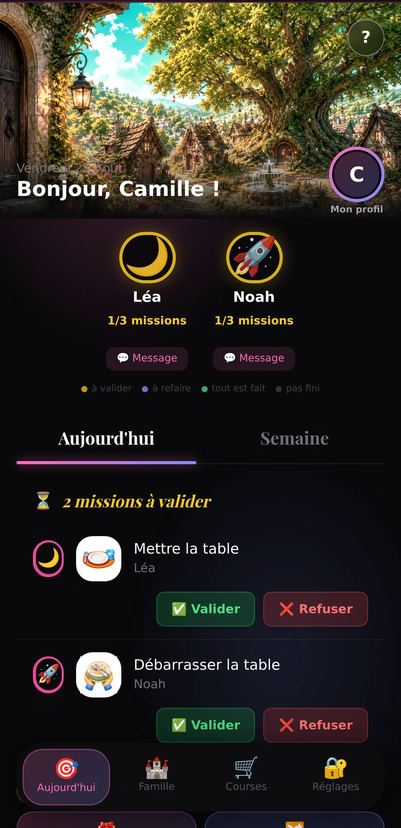 Le tableau de bord parent de Kaluno : les deux enfants du foyer et deux missions en attente de validation