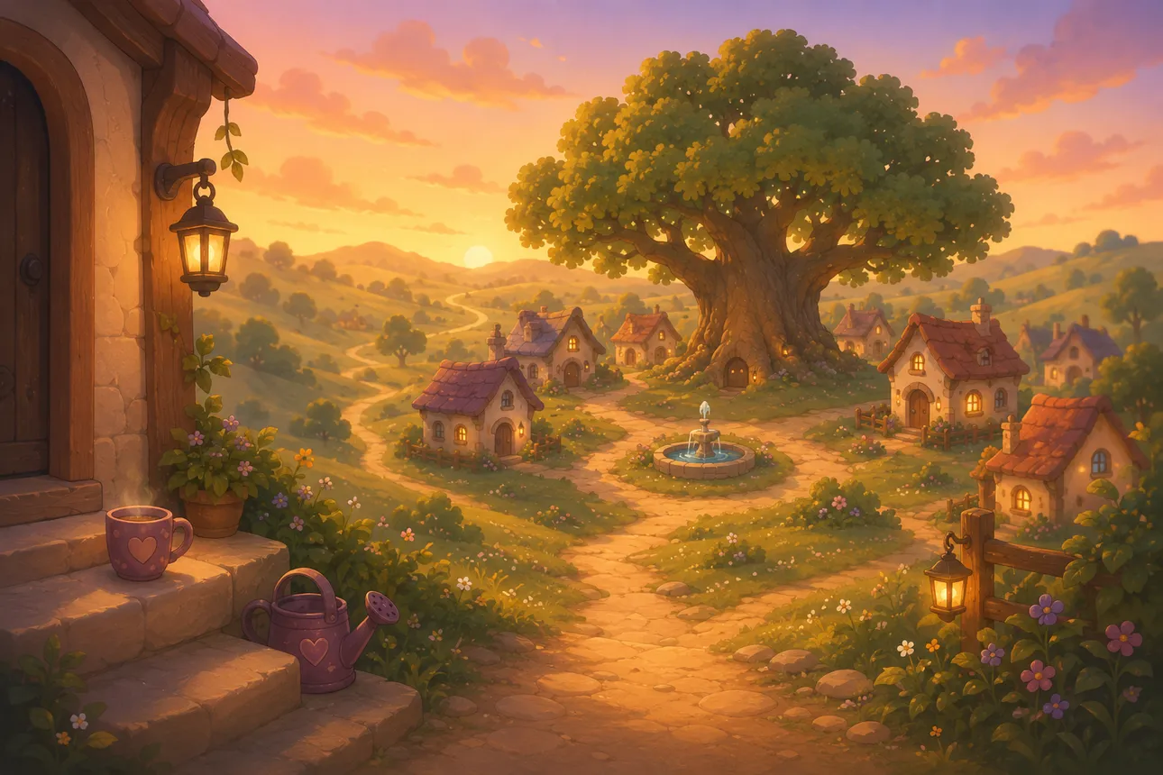 Le village de Kaluno au coucher du soleil, sous le grand arbre